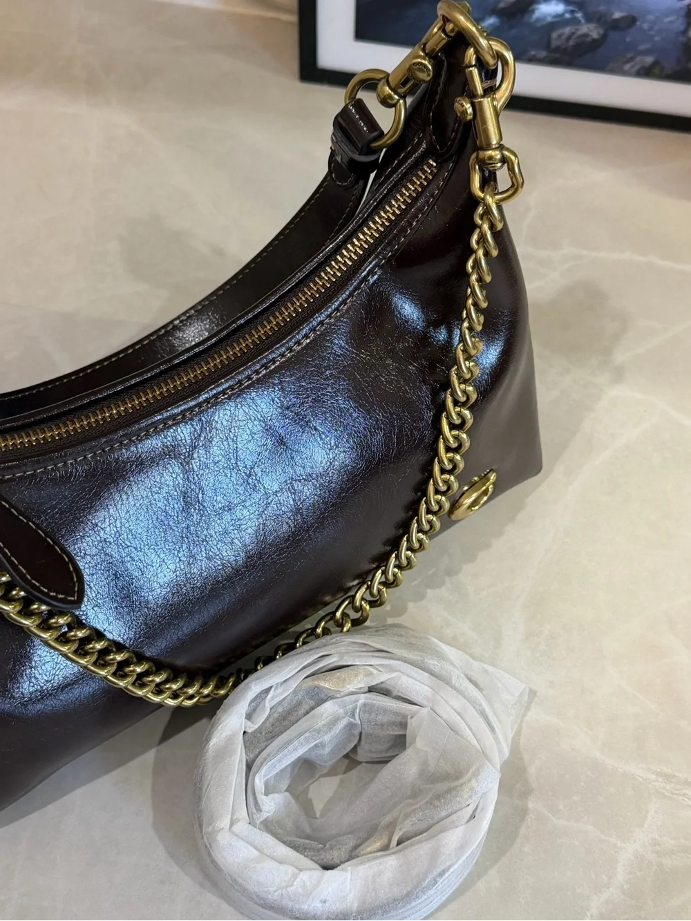 Coach JULIET 25 Leather Shoulder Bag in Dark Brown with Gold Chain